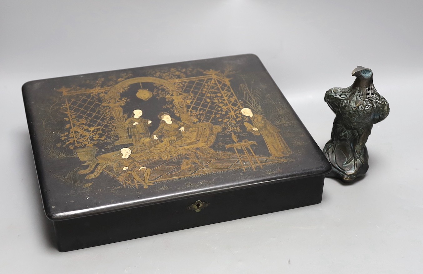 A French papier mache box and bronzed model of an eagle, box 31cms wide x 25 cms high